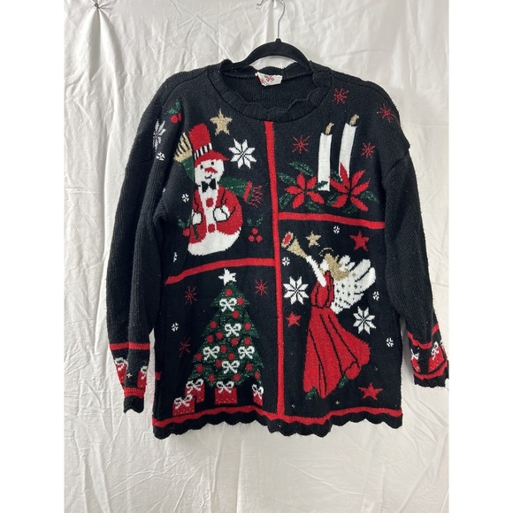 Vintage Nut Cracker Ugly Christmas Sweater Sz S Black Snowman Tree Angel 90s Y2K - Picture 1 of 10